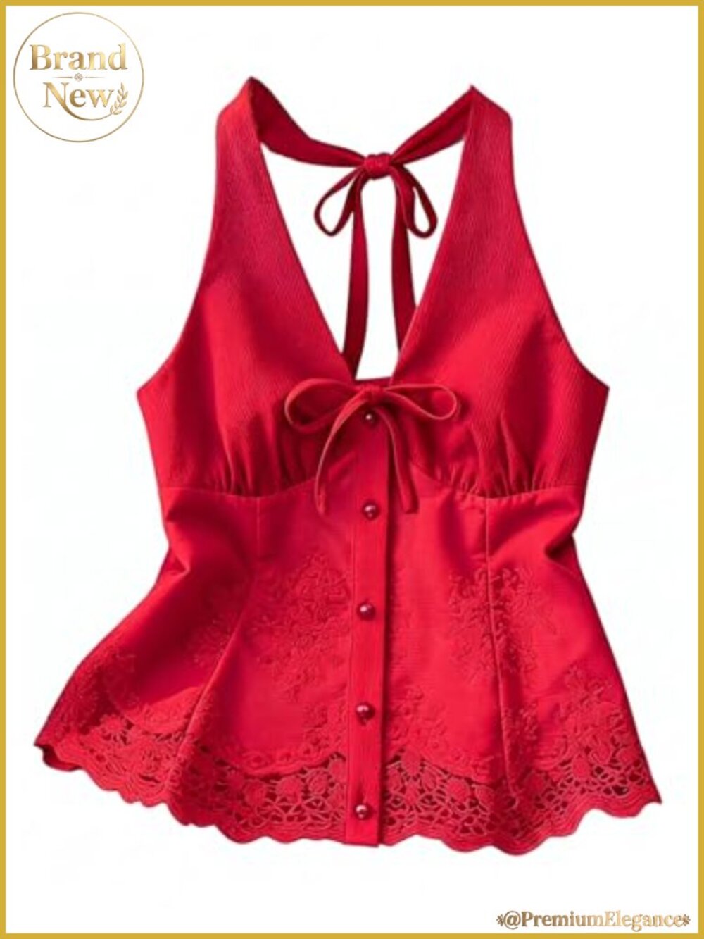 Lace Eyelet Button Up Halter Top Tie Back Sleeveless Tank